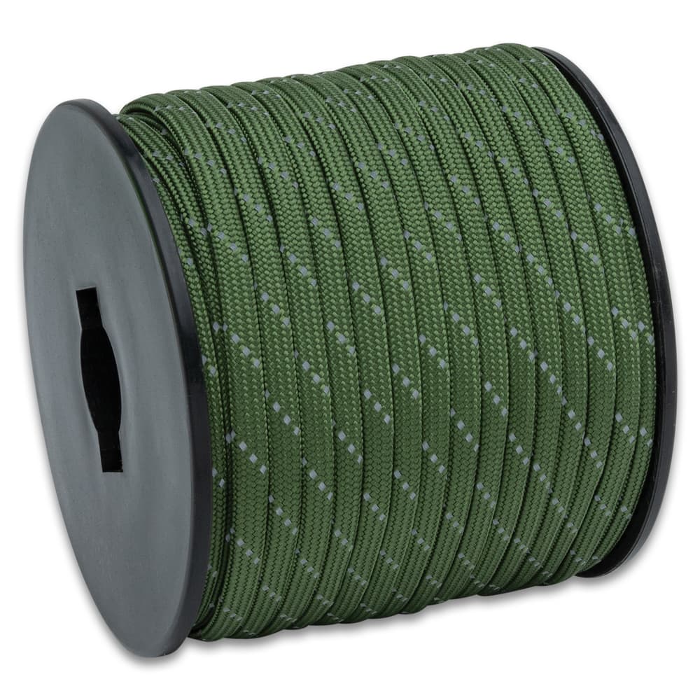 Angled image of OD Green 750LBS Reflective Paracord Roll. image number 1